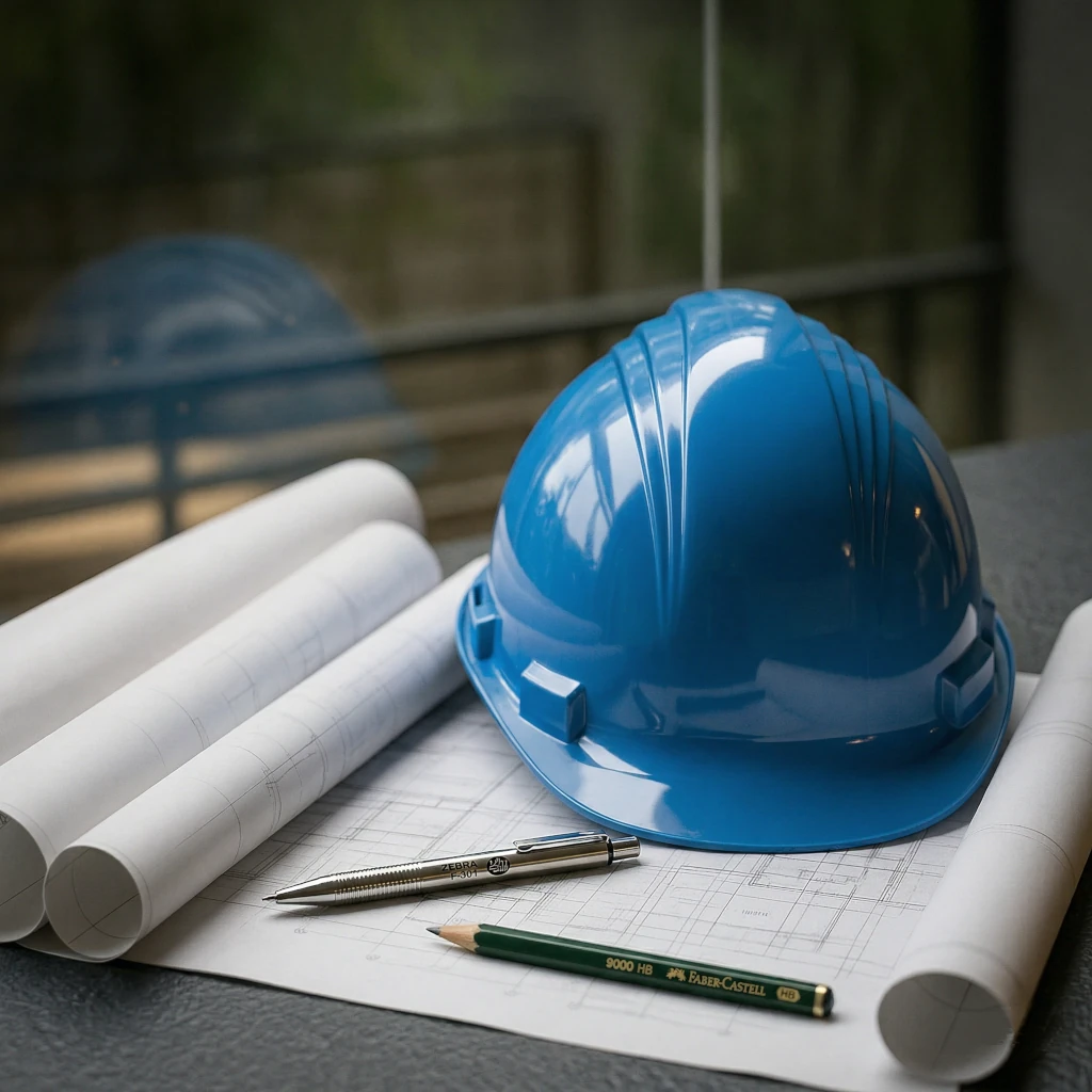 Biuro projektowe — kask, plany i rysunki techniczne na stole