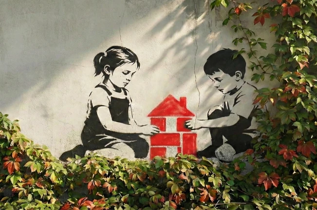 Grafika promocyjna portalu Oto Mieszkam — mural z dziećmi i modelem domu